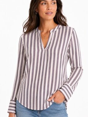 J Crew Striped Split Neck Blouse Red Blue White Cotton Long Sleeve Size 12